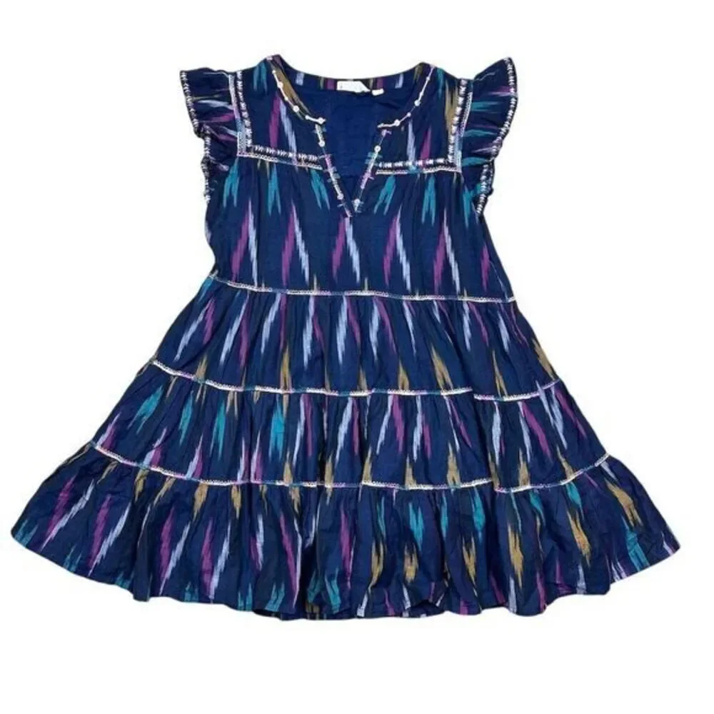 Roller Rabbit Women's S Pippa Ikat Print Bohemian Dress Multicolor Ruffle Sleeve - Picture 3 of 9